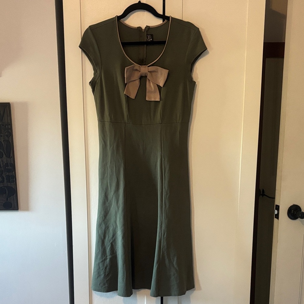 RockSteady Olive Green Midi Dress with Taupe Bow